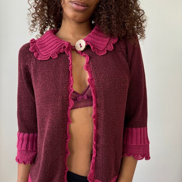 Vintage Jacqueline Riu French ruffled trim knit cardigan in berry & rose (Small) - Picture 4 of 9